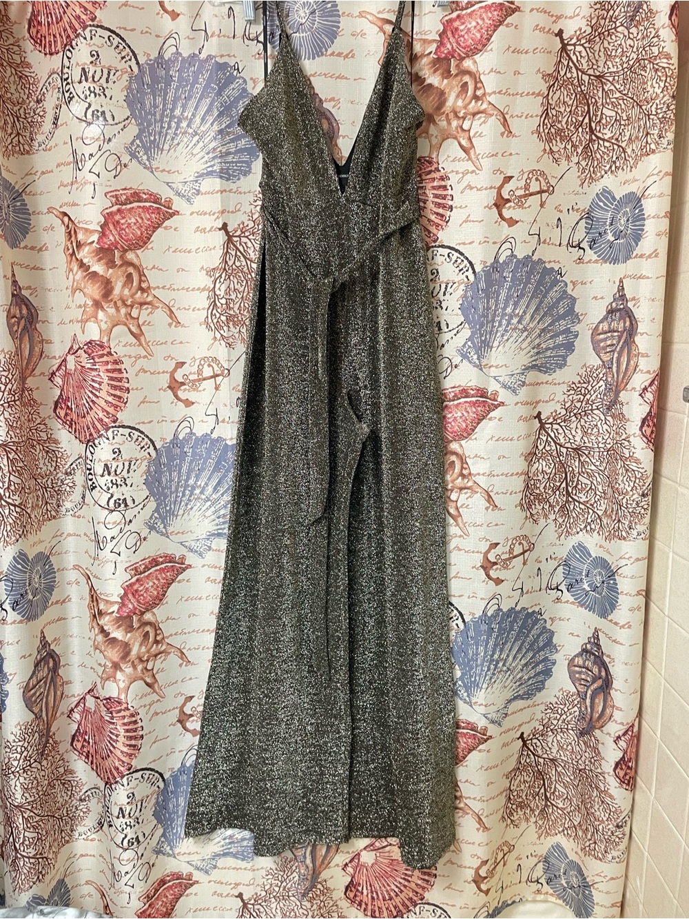 Metallic Silver Sparkle V-Neck Maxi Romper